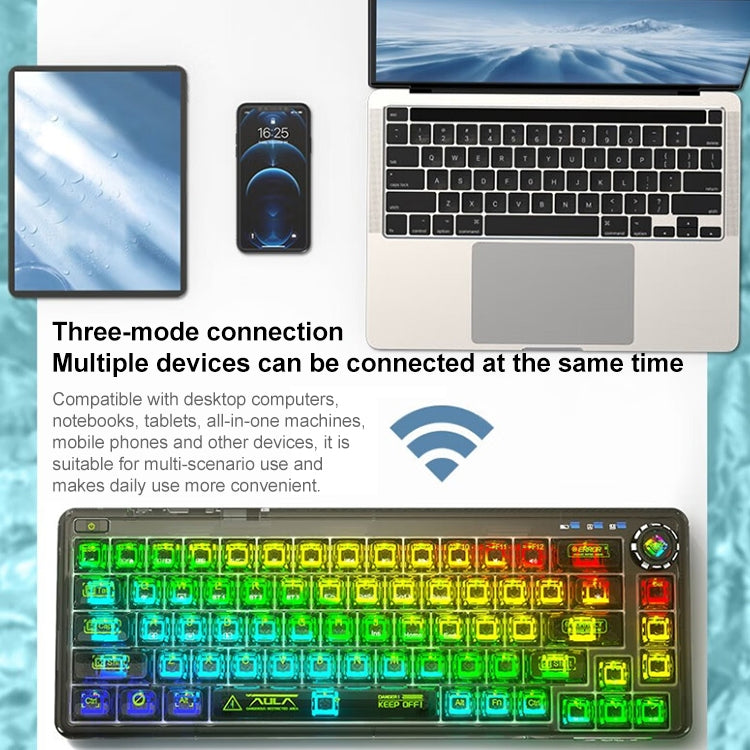 AULA F68 Transparent Customized Wired/Wireless/Bluetooth Three Model RGB Pluggable Mechanical Keyboard(Black Transparent) - Wired Keyboard by AULA | Online Shopping UK | buy2fix