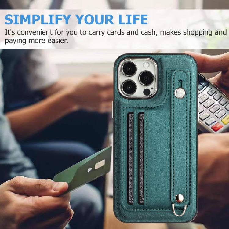 For iPhone 14 Pro Shockproof Leather Phone Case with Wrist Strap(Green) - iPhone 14 Pro Cases by buy2fix | Online Shopping UK | buy2fix