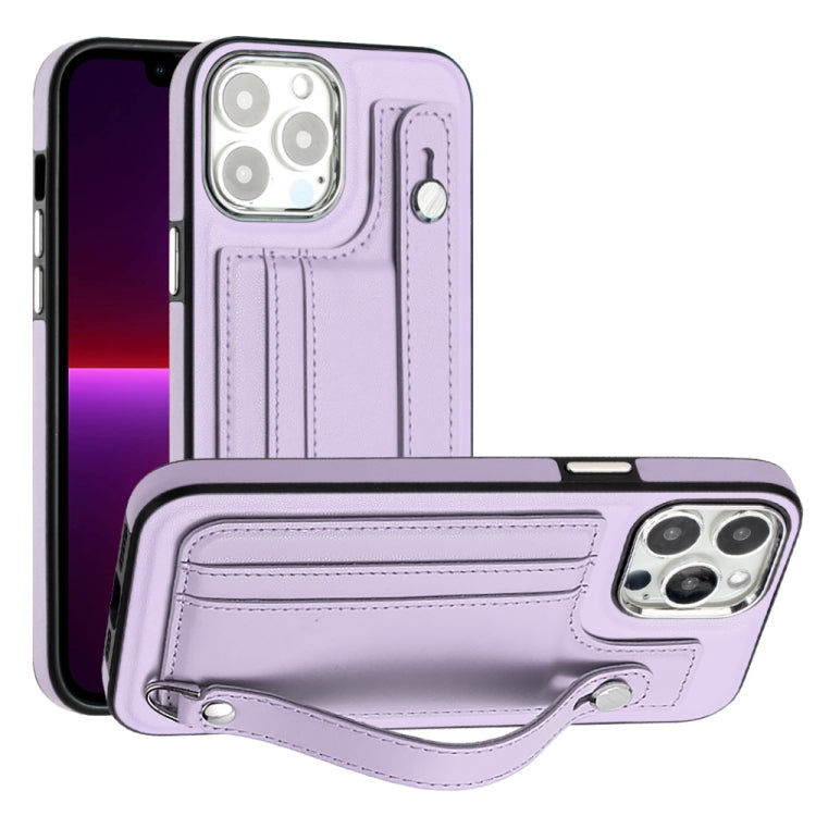 For iPhone 14 Pro Max Shockproof Leather Phone Case with Wrist Strap(Purple) - iPhone 14 Pro Max Cases by buy2fix | Online Shopping UK | buy2fix