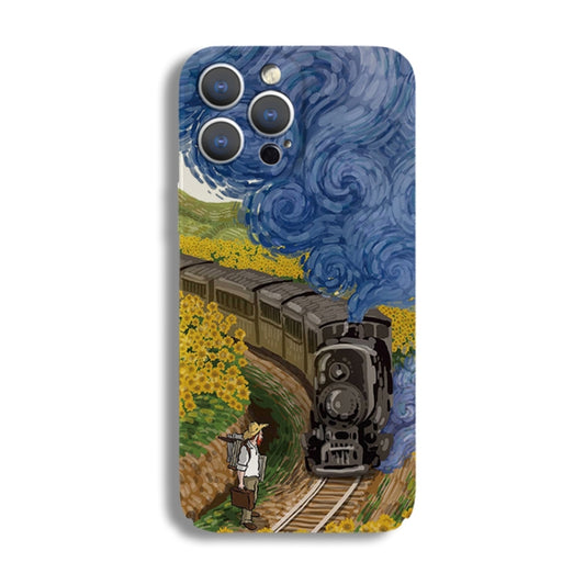 For iPhone 14 Plus Precise Hole Oil Painting Pattern PC Phone Case(Train) - iPhone 14 Plus Cases by buy2fix | Online Shopping UK | buy2fix