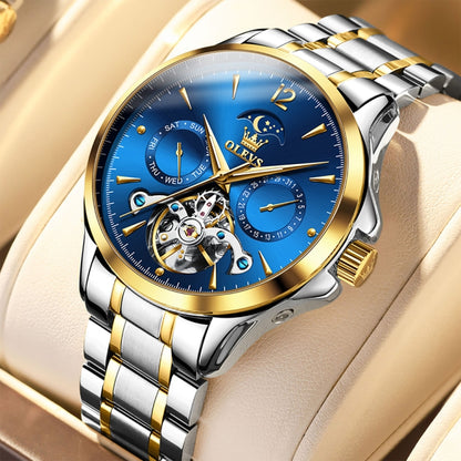 OLEVS 6663 Men Multifunctional Waterproof Hollow Steel Strap Mechanical Watch(Blue + Gold) - Metal Strap Watches by buy2fix | Online Shopping UK | buy2fix