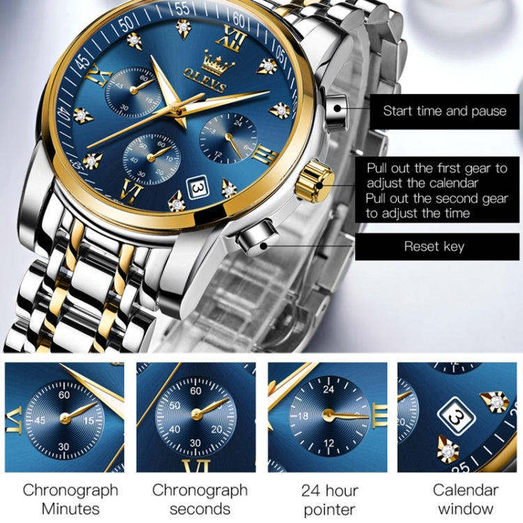 OLEVS 2858 Men Multifunctional Business Waterproof Quartz Watch(Blue + Gold) - Metal Strap Watches by OLEVS | Online Shopping UK | buy2fix