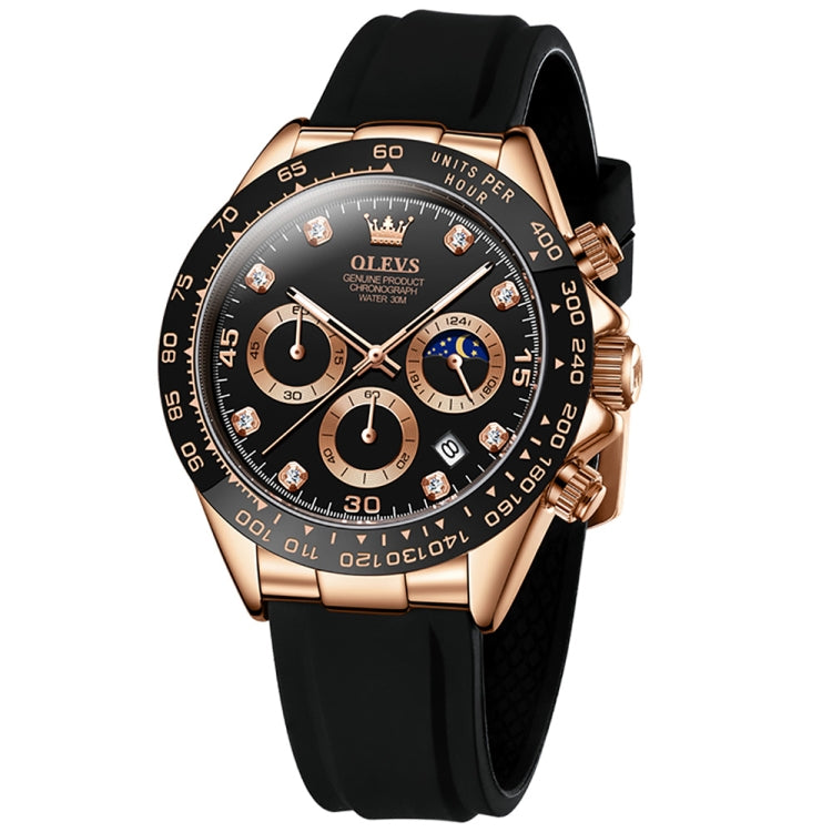 OLEVS 2875 Men Multifunctional Sports Chronograph Waterproof Quartz Watch(Black + Rose Gold) - Silicone Strap Watches by OLEVS | Online Shopping UK | buy2fix