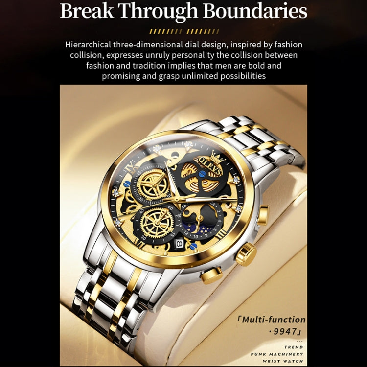 OLEVS 9947 Men Multifunctional Hollow Waterproof Quartz Watch(Black + Gold) - Metal Strap Watches by OLEVS | Online Shopping UK | buy2fix