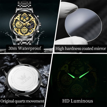OLEVS 9947 Men Multifunctional Hollow Waterproof Quartz Watch(Black) - Metal Strap Watches by OLEVS | Online Shopping UK | buy2fix