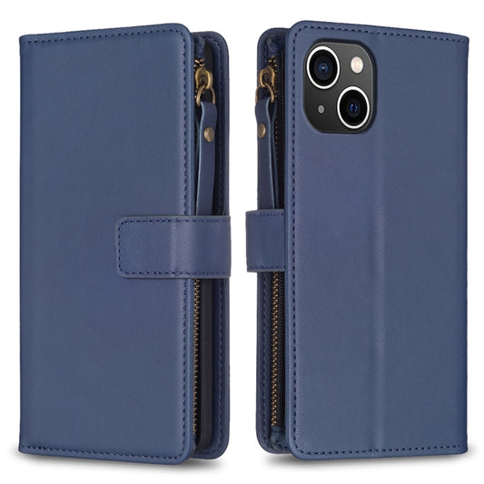 For iPhone 15 9 Card Slots Zipper Wallet Leather Flip Phone Case(Blue) - iPhone 15 Cases by buy2fix | Online Shopping UK | buy2fix