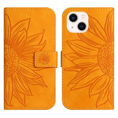 For iPhone 15 Skin Feel Sun Flower Embossed Flip Leather Phone Case with Lanyard(Yellow) - iPhone 15 Cases by buy2fix | Online Shopping UK | buy2fix