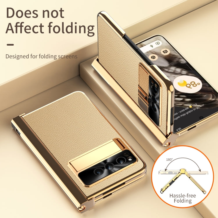 For Google Pixel Fold Litchi Pattern Electroplating Pen Slot Folding Phone Case with Stylus(Gold) - Google Cases by buy2fix | Online Shopping UK | buy2fix