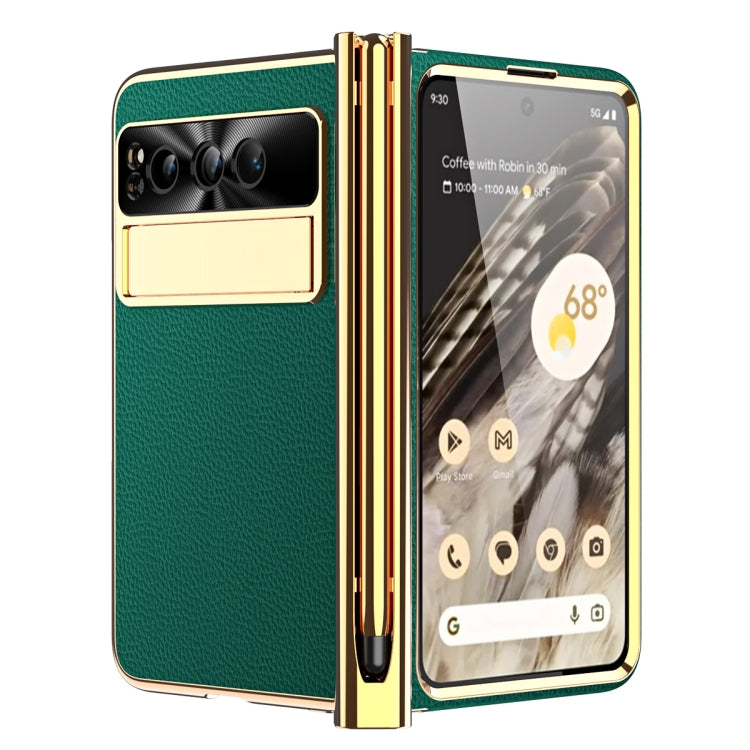 For Google Pixel Fold Litchi Pattern Electroplating Pen Slot Folding Phone Case with Stylus(Green) - Google Cases by buy2fix | Online Shopping UK | buy2fix