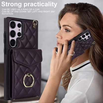 For Samsung Galaxy S23 Ultra 5G Rhombic Texture Card Bag Phone Case with Long Lanyard(Dark Purple) - Galaxy S23 Ultra 5G Cases by buy2fix | Online Shopping UK | buy2fix