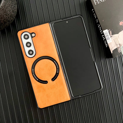 For Samsung Galaxy Z Fold5 Crazy Horse Texture Magnetic Magsafe PU Phone Case(Orange) - Galaxy Z Fold5 Cases by buy2fix | Online Shopping UK | buy2fix