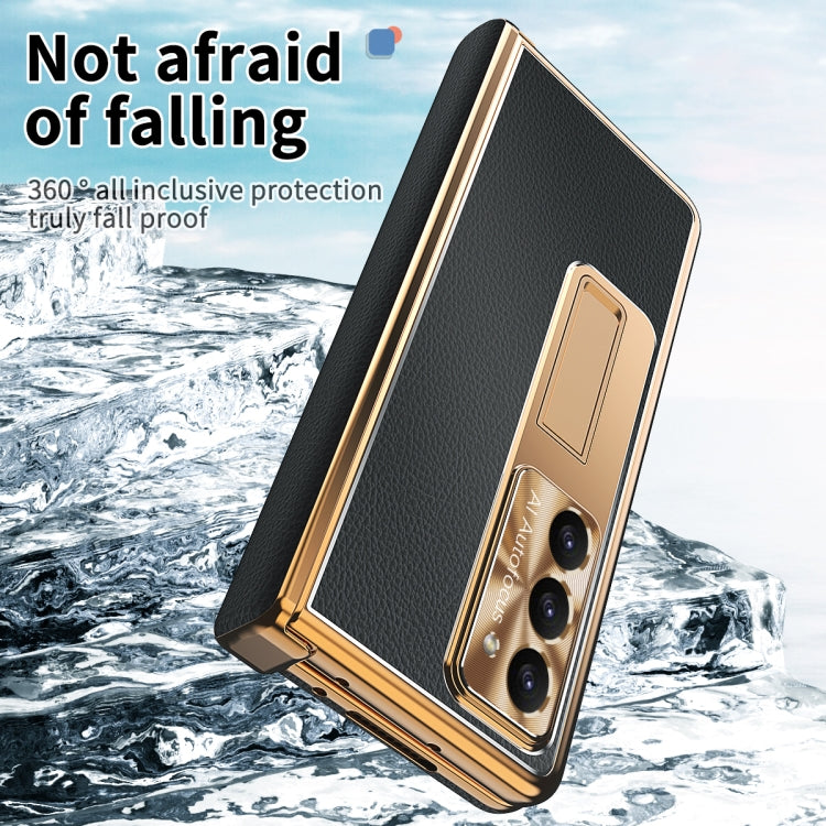 For Samsung Galaxy Z Fold5 Litchi Pattern Magnetic Shell Film Integrated Shockproof Phone Case(Black Gold) - Galaxy Z Fold5 Cases by buy2fix | Online Shopping UK | buy2fix