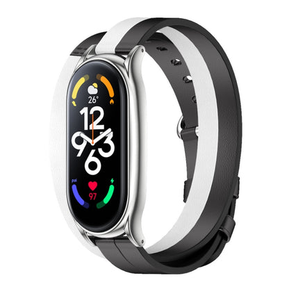 For Xiaomi Mi Band 7 Mijobs Plus Case Double-Loop Leather Watch Band(Black+White+Silver) - Watch Bands by MIJOBS | Online Shopping UK | buy2fix