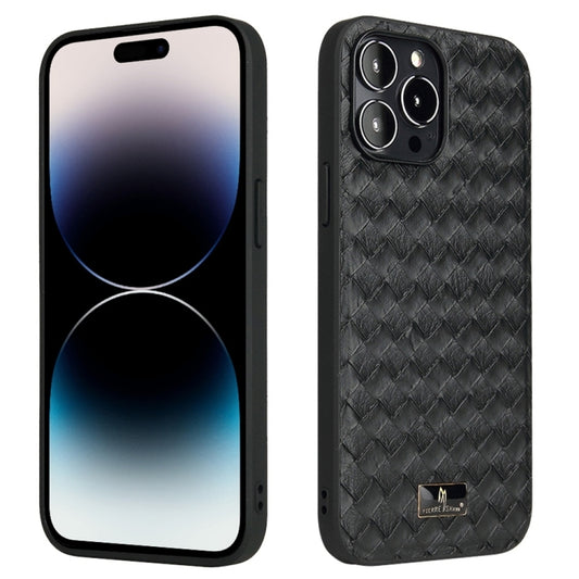 For iPhone 15 Pro Fierre Shann Leather Texture Phone Back Cover Case(Woven Black) - iPhone 15 Pro Cases by FIERRE SHANN | Online Shopping UK | buy2fix