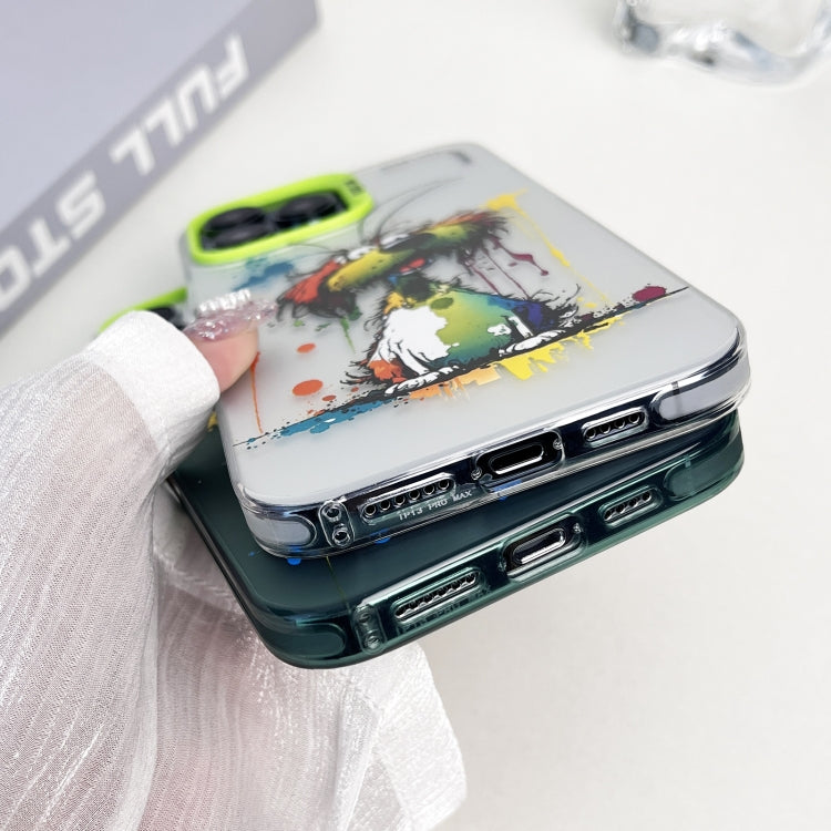 For iPhone 15 Pro Max Double Layer Color Silver Series Animal Oil Painting Phone Case(Green Dog) - iPhone 15 Pro Max Cases by buy2fix | Online Shopping UK | buy2fix