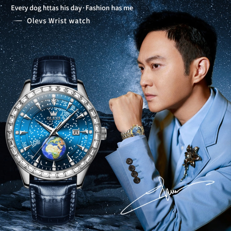 OLEVS 9967 Men Starry Sky Face Diamond Bezel Quartz Watch(Blue Leather Strap) - Leather Strap Watches by OLEVS | Online Shopping UK | buy2fix