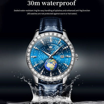 OLEVS 9967 Men Starry Sky Face Diamond Bezel Quartz Watch(Blue Leather Strap) - Leather Strap Watches by OLEVS | Online Shopping UK | buy2fix