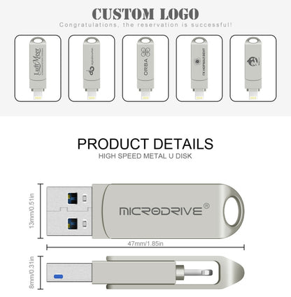 MicroDrive 2 In 1  8 Pin + USB 2.0 Portable Metal USB Flash Disk, Capacity:32GB(Silver) - USB Flash Drives by MICRODRIVE | Online Shopping UK | buy2fix