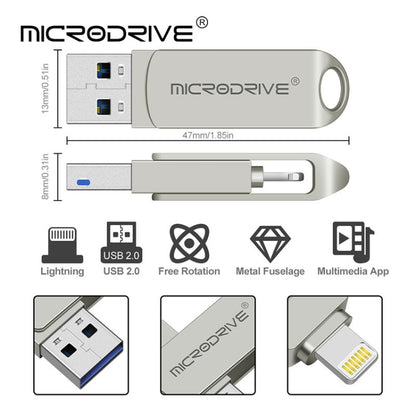 MicroDrive 2 In 1  8 Pin + USB 2.0 Portable Metal USB Flash Disk, Capacity:64GB(Silver) - USB Flash Drives by MICRODRIVE | Online Shopping UK | buy2fix