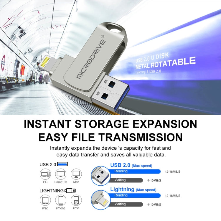 MicroDrive 2 In 1  8 Pin + USB 2.0 Portable Metal USB Flash Disk, Capacity:64GB(Silver) - USB Flash Drives by MICRODRIVE | Online Shopping UK | buy2fix