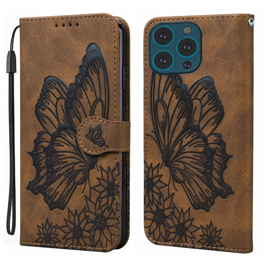 For iPhone 15 Pro Max Retro Skin Feel Butterflies Embossing Leather Phone Case(Brown) - iPhone 15 Pro Max Cases by buy2fix | Online Shopping UK | buy2fix