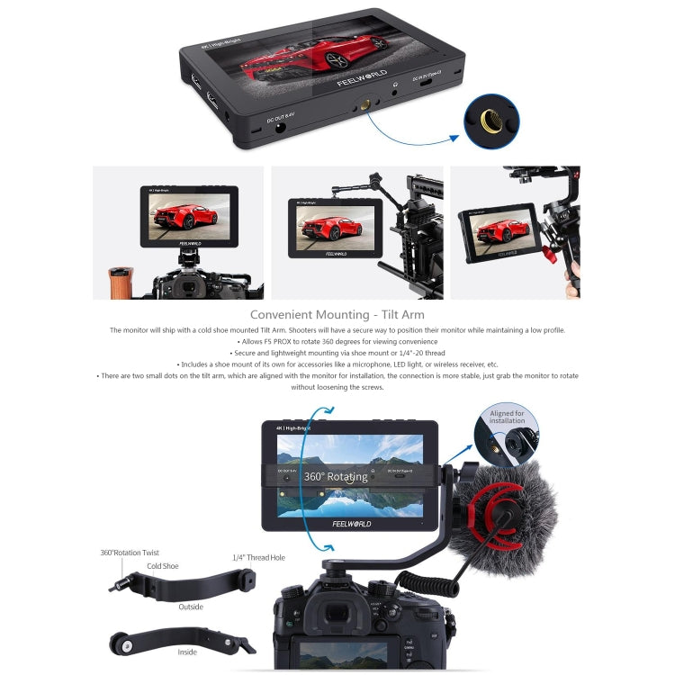 FEELWORLD F5 ProX 5.5 inch 1600nit High Bright Touch Screen DSLR Camera Field Monitor 4K HDMI F970 Install and Power Kit(Black) - On-camera Monitors by FEELWORLD | Online Shopping UK | buy2fix