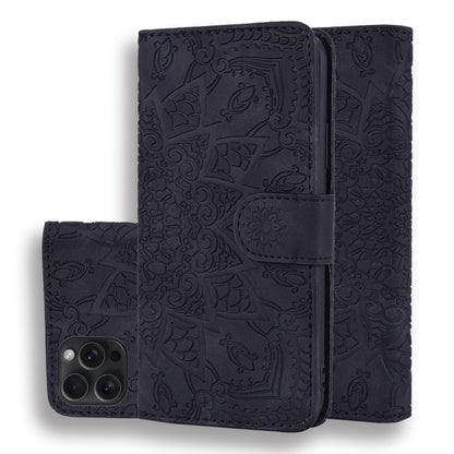 For iPhone 15 Pro Max Mandala Embossed Dual-Fold Calf Leather Phone Case(Black) - iPhone 15 Pro Max Cases by buy2fix | Online Shopping UK | buy2fix