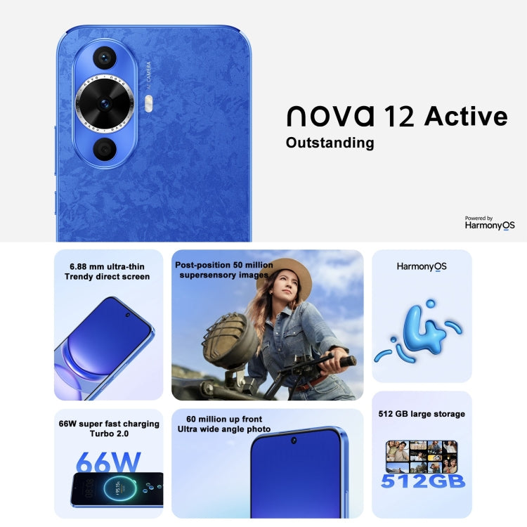 Huawei nova 12 Active, 8GB+512GB, Screen Fingerprint Identification, 6.7 inch HarmonyOS 4.0 Qualcomm Snapdragon 778G 4G Octa Core, Network: 4G, NFC, OTG, Not Support Google Play(Blue) - Huawei Mate & P by Huawei | Online Shopping UK | buy2fix