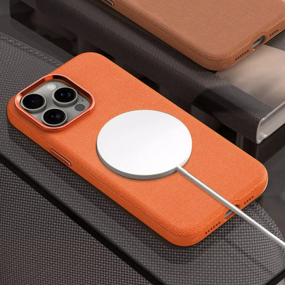 For iPhone 15 Plus Metal Lens Frame Leather Magsafe Full Coverage Shockproof Phone Case(Orange) - iPhone 15 Plus Cases by buy2fix | Online Shopping UK | buy2fix