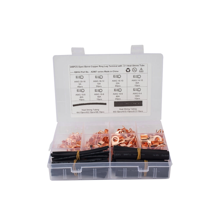245 PCS Icstation Open Barrel Pure Copper Ring Lug Wire Crimp Terminals Assortment Kit with Heat Shrink Tube - In Car by buy2fix | Online Shopping UK | buy2fix