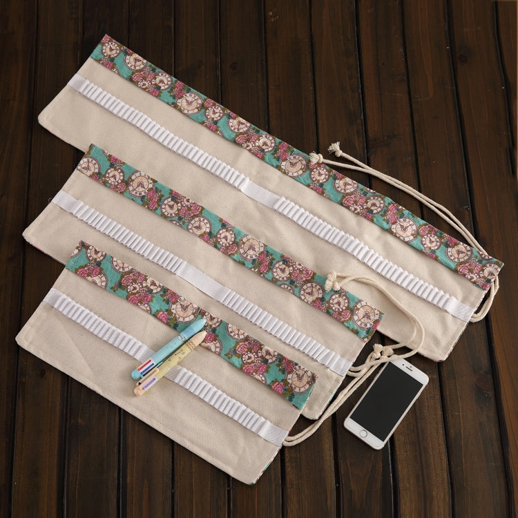 36 Slots Rose Clock Print Pen Bag Canvas Pencil Wrap Curtain Roll Up Pencil Case Stationery Pouch - Home & Garden by buy2fix | Online Shopping UK | buy2fix