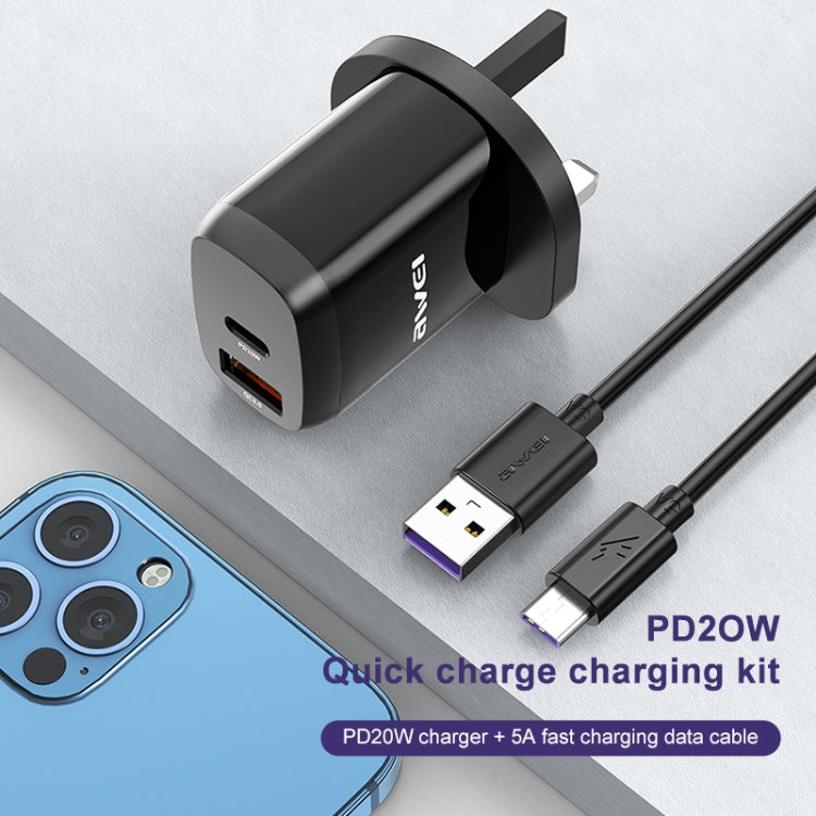 awei PD1 20W PD Type-C + QC 3.0 USB Interface Fast Charging Travel Charger with Data Cable, UK Plug - Apple Accessories by awei | Online Shopping UK | buy2fix