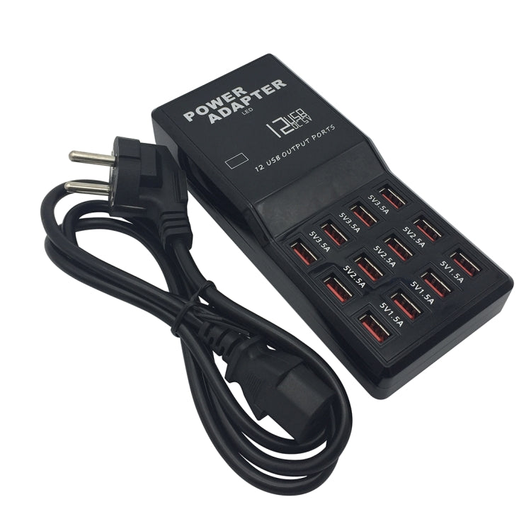 W-858 12A 12 Ports USB Fast Charging Dock Desktop Smart Charger AC100-240V, EU Plug (Black) - Multifunction Charger by buy2fix | Online Shopping UK | buy2fix