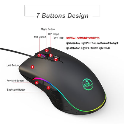 HXSJ A867 USB 6400DPI Four-speed Adjustable RGB Illuminate Wired E-sport Gaming Mouse, Length: 1.5m - Wired Mice by HXSJ | Online Shopping UK | buy2fix