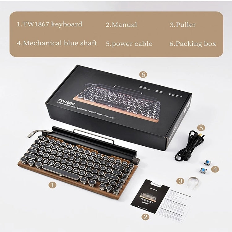 TW1867 Round Retro Punk Keycap Mechanical Wireless Bluetooth Keyboard (Black) - Wireless Keyboard by buy2fix | Online Shopping UK | buy2fix