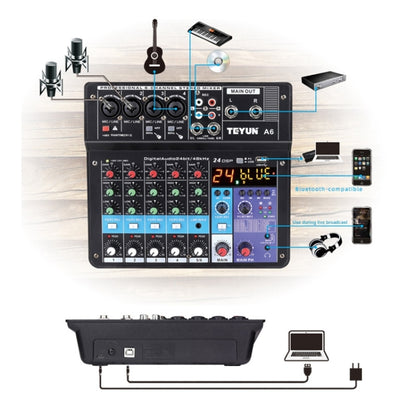 TEYUN NA6 6-channel Small Mixing Console Mobile Phone Sound Card Live Broadcast Computer Recording Console Processor, EU Plug(Black) - Consumer Electronics by TEYUN | Online Shopping UK | buy2fix