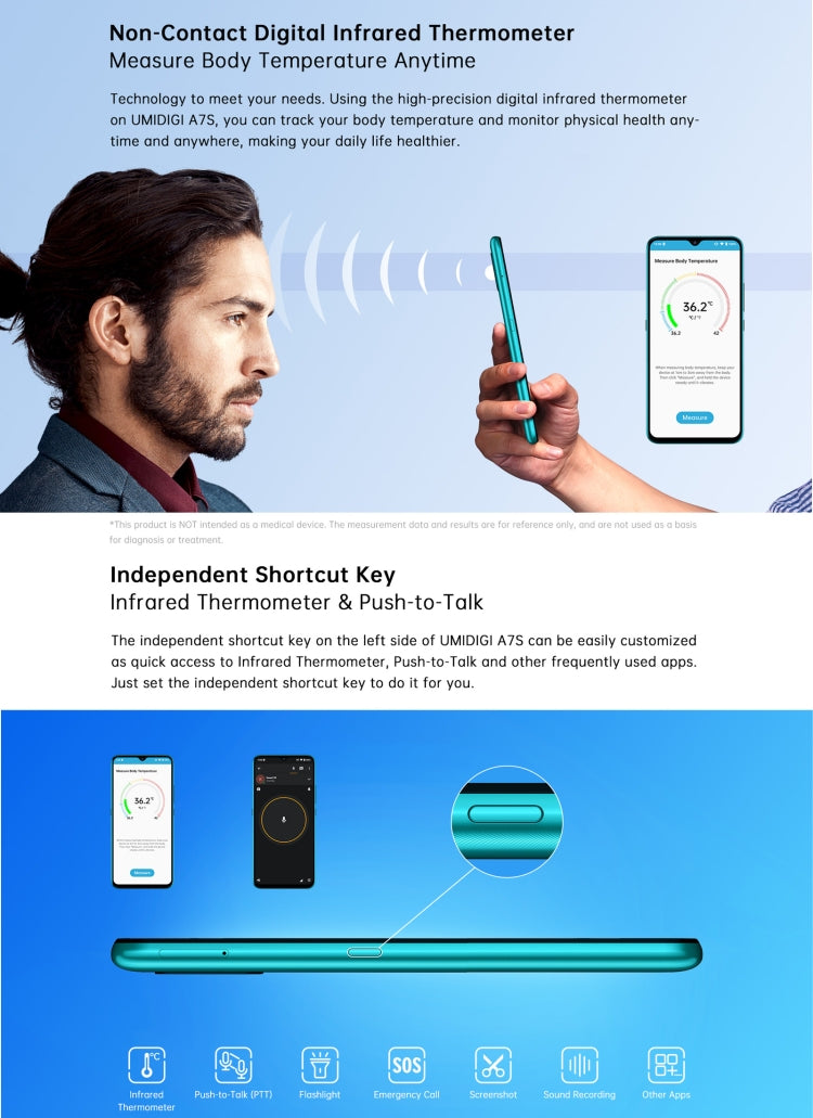 [HK Warehouse] UMIDIGI A7S, 2GB+32GB, Infrared Thermometer, Triple Back Cameras, 4150mAh Battery, Face Identification, 6.53 inch Android 10 MTK6737 Quad Core up to 1.25GHz, Network: 4G, OTG(Sky Blue) - UMIDIGI by UMIDIGI | Online Shopping UK | buy2fix