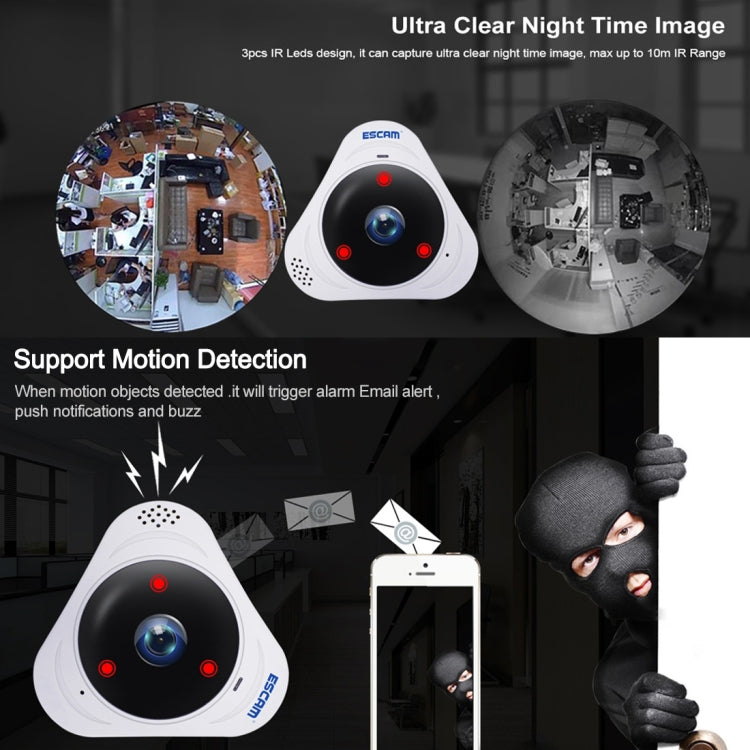 ESCAM Q8 960P 360 Degrees Fisheye Lens 1.3MP WiFi IP Camera, Support Motion Detection / Night Vision, IR Distance: 5-10m, UK Plug(White) - 360 Degree Camera by ESCAM | Online Shopping UK | buy2fix