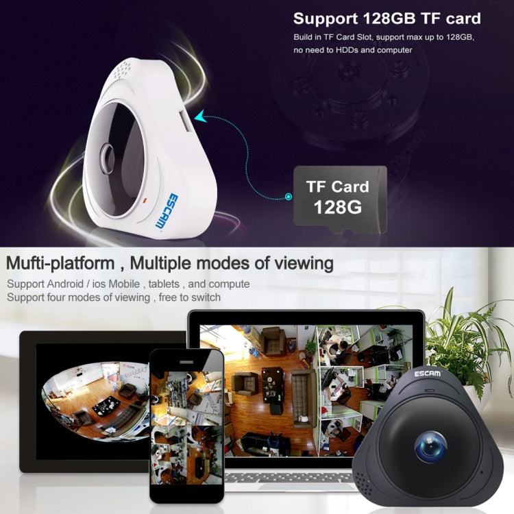 ESCAM Q8 960P 360 Degrees Fisheye Lens 1.3MP WiFi IP Camera, Support Motion Detection / Night Vision, IR Distance: 5-10m, UK Plug(White) - 360 Degree Camera by ESCAM | Online Shopping UK | buy2fix