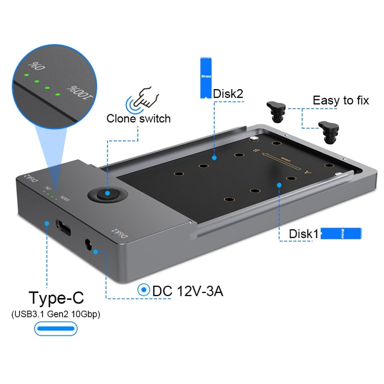 Rocketek ME921 USB3.1 Gen2 Dual M.2 Solid State Drive Box NVMe Docking Station, EU Plug - HDD Enclosure by ROCKETEK | Online Shopping UK | buy2fix