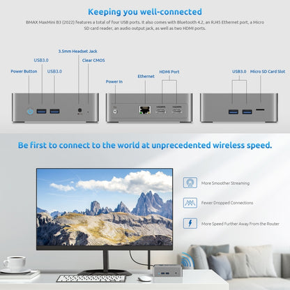 BMAX B3 2022 Windows 11 Mini PC, 8GB+256GB, Intel Jasper Lake N5095, Support HDMI / RJ45 / TF Card, US Plug(Space Grey) - Windows Mini PCs by BMAX | Online Shopping UK | buy2fix