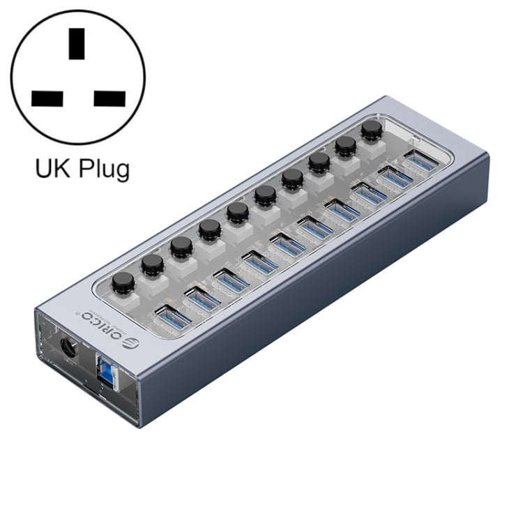 ORICO AT2U3-10AB-GY-BP 10 Ports USB 3.0 HUB with Individual Switches & Blue LED Indicator, UK Plug - USB 3.0 HUB by ORICO | Online Shopping UK | buy2fix