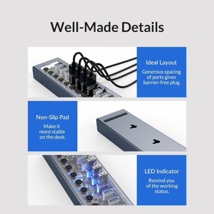 ORICO AT2U3-10AB-GY-BP 10 Ports USB 3.0 HUB with Individual Switches & Blue LED Indicator, UK Plug - USB 3.0 HUB by ORICO | Online Shopping UK | buy2fix