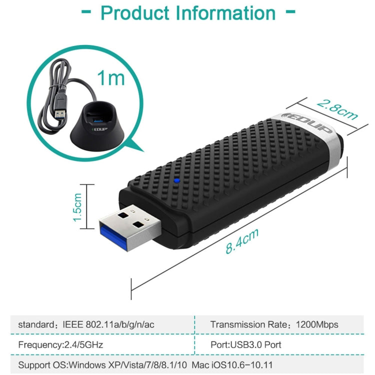 EDUP EP-AC1609 1200Mbps High Speed USB 3.0 WiFi Adapter Receiver Ethernet Adapter with 1m Extend Cable & Base - USB Network Adapter by EDUP | Online Shopping UK | buy2fix