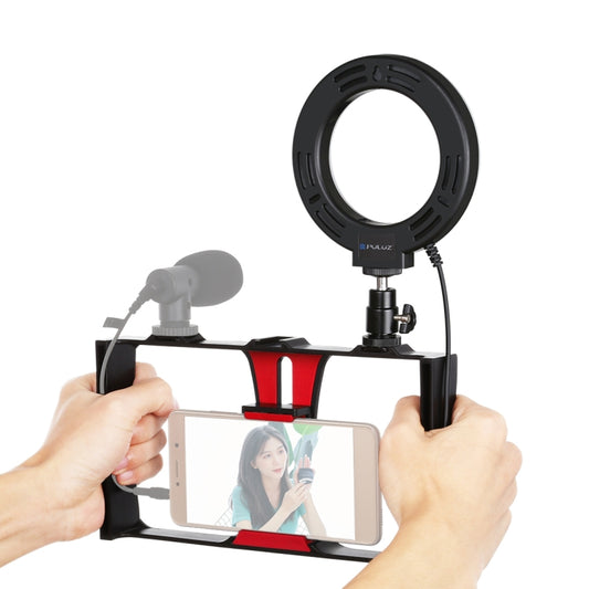 PULUZ 2 in 1 Vlogging Live Broadcast Smartphone Video Rig + 4.7 inch 12cm Ring LED Selfie Light Kits with Cold Shoe Tripod Head for iPhone, Galaxy, Huawei, Xiaomi, HTC, LG, Google, and Other Smartphones(Red) - Camera Cage by PULUZ | Online Shopping UK | buy2fix