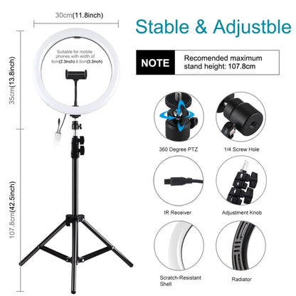 PULUZ 11.8 inch 30cm RGBW Light + 1.1m Tripod Mount Curved Surface Dimmable LED Dual Color Temperature LED Ring Selfie Vlogging Video Light  Live Broadcast Kits with Cold Shoe Tripod Ball Head & Phone Clamp & Remote Control(Black) - Tripods by PULUZ | Online Shopping UK | buy2fix