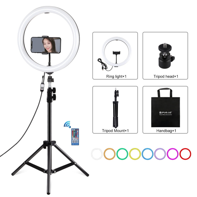 PULUZ 11.8 inch 30cm RGBW Light + 1.1m Tripod Mount Curved Surface Dimmable LED Dual Color Temperature LED Ring Selfie Vlogging Video Light  Live Broadcast Kits with Cold Shoe Tripod Ball Head & Phone Clamp & Remote Control(Black) - Tripods by PULUZ | Online Shopping UK | buy2fix