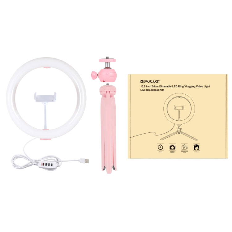 PULUZ 10.2 inch 26cm Light + Desktop Tripod Mount USB 3 Modes Dimmable Dual Color Temperature LED Curved Diffuse Light Ring Vlogging Selfie Photography Video Lights with Phone Clamp(Pink) - Ring Light by PULUZ | Online Shopping UK | buy2fix