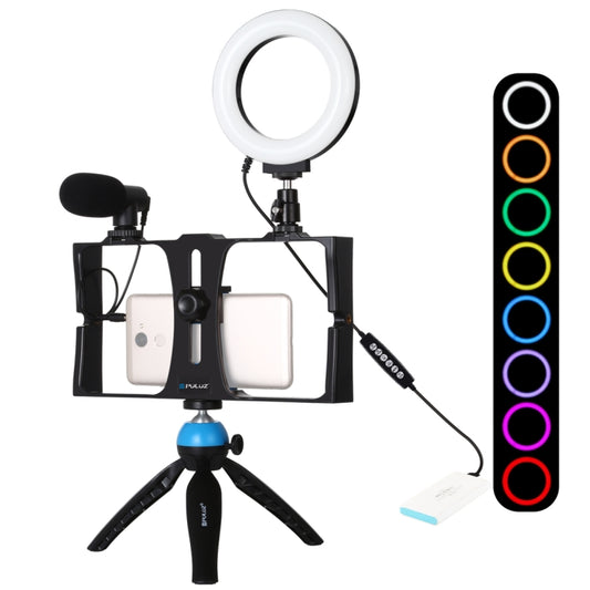 PULUZ 4 in 1 Vlogging Live Broadcast Smartphone Video Rig + 4.7 inch 12cm RGBW Ring LED Selfie Light + Microphone + Pocket Tripod Mount Kits with Cold Shoe Tripod Head(Blue) - Camera Accessories by PULUZ | Online Shopping UK | buy2fix