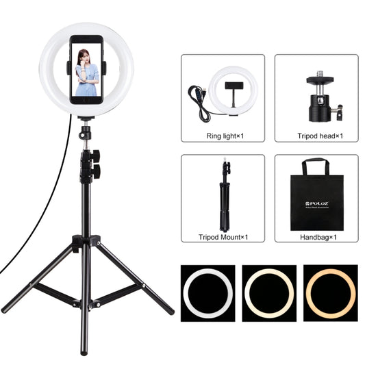 PULUZ 7.9 inch 20cm Light+ 1.1m Tripod Mount USB 3 Modes Dimmable Dual Color Temperature LED Curved Light Ring Vlogging Selfie Photography Video Lights with Phone Clamp(Black) - Ring Light by PULUZ | Online Shopping UK | buy2fix